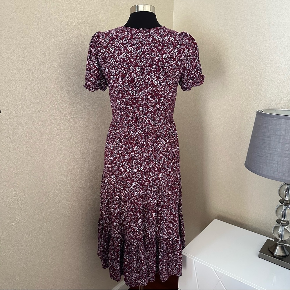 J. Crew Burgundy Floral tiered Puff Sleeve Midi Dress Size XS - Picture 10 of 16